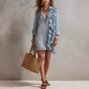 Zara Vacation Style Ruffle Collar Summer Fitted Short Dress